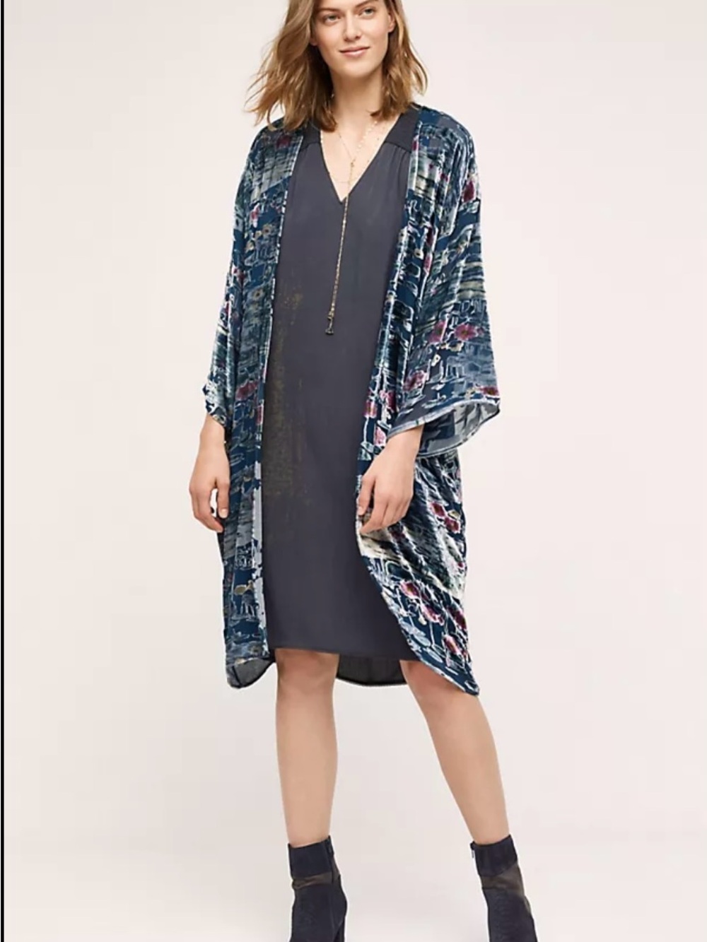 Anthropologie Gray Sheer Abstract Kimono with Velvet Trim